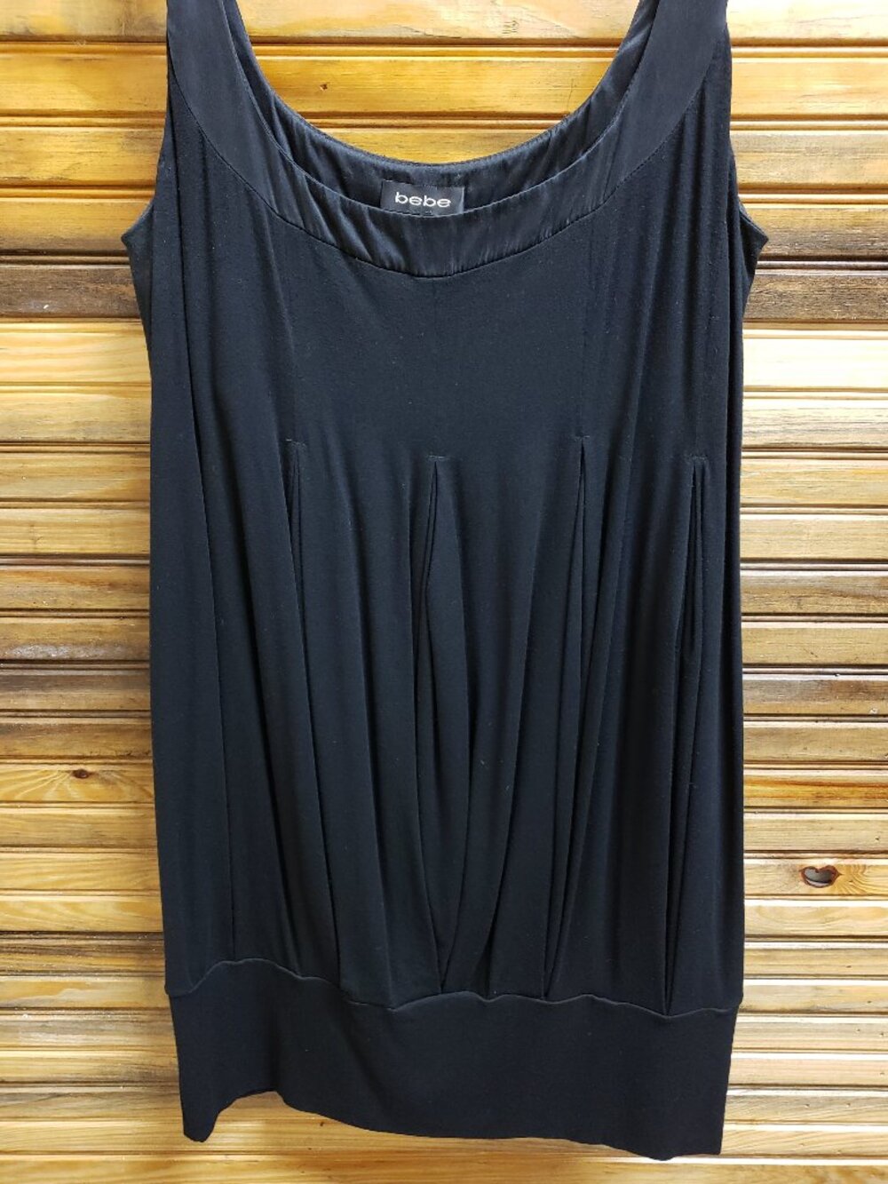 Bebe Y2K Black Pleated Bubble Hem Mini Dress Satin Trim Sleeveless Size L